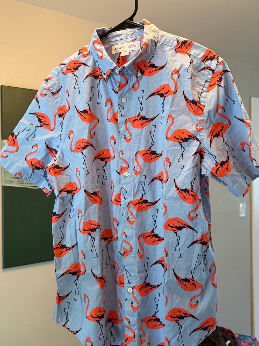 Old Navy Light Blue Short-Sleeve Shirt with Flamingo Print
